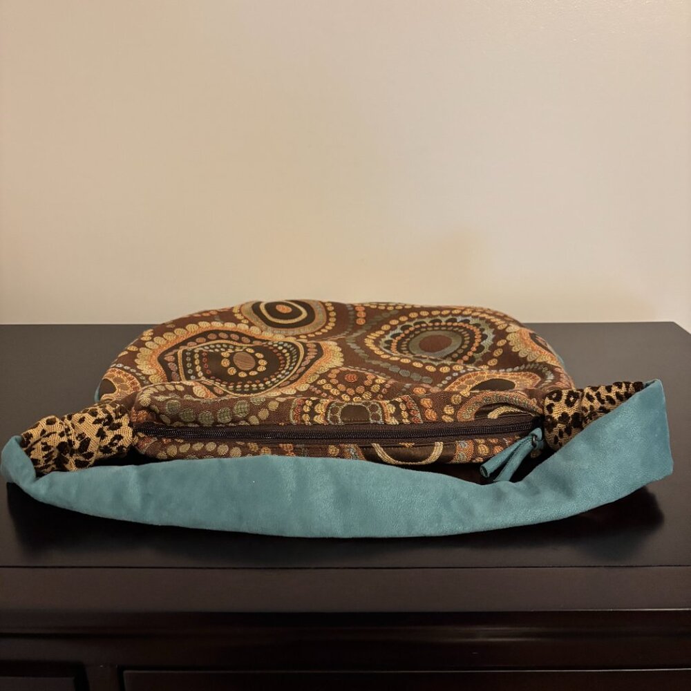 Atenti Brown and Teal Circle Patterned Embroidered Fabric Hobo Shoulder Bag - Picture 6 of 10